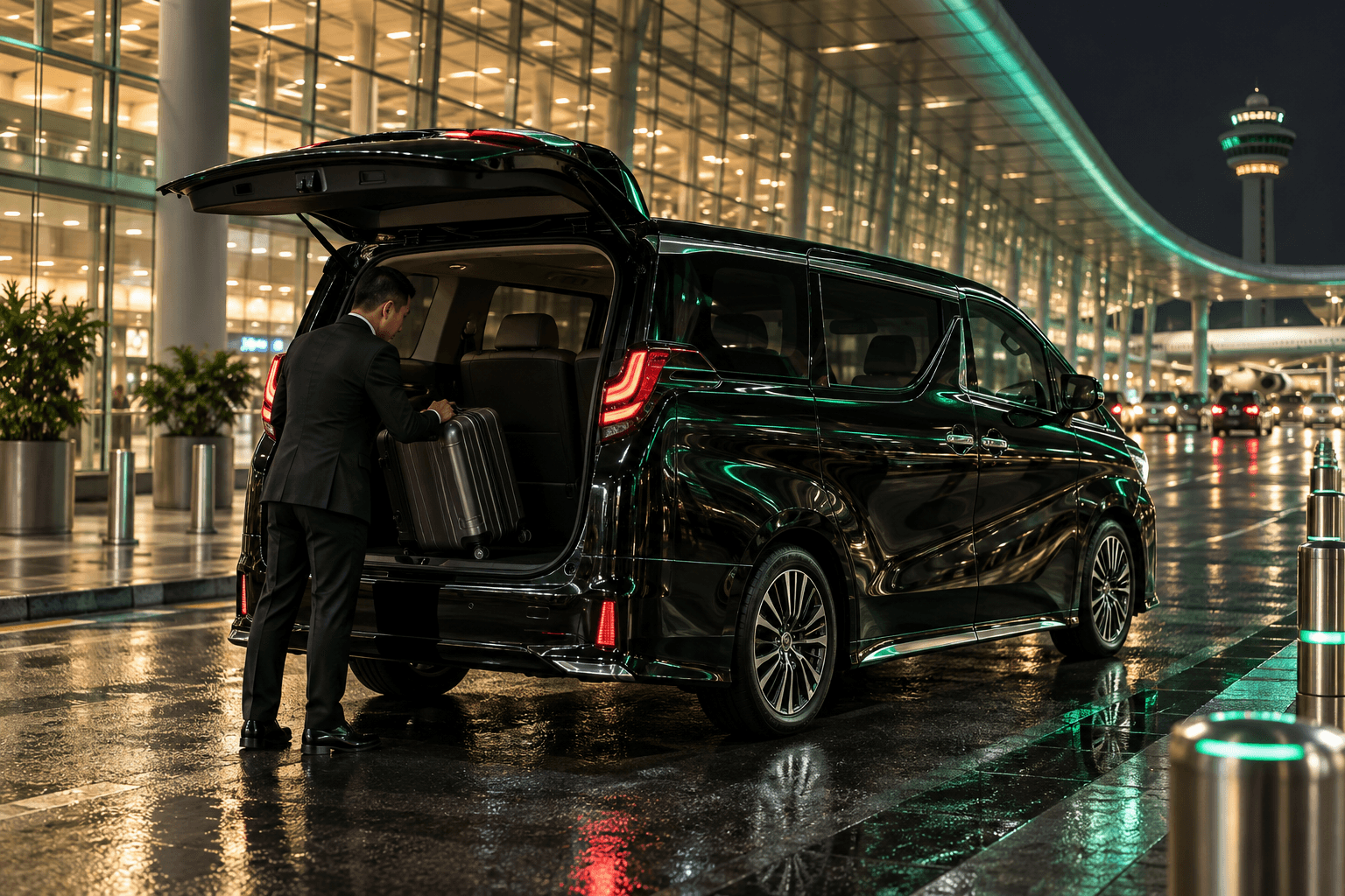 Chauffeur loading a suitcase into a black Toyota Alphard at the Changi Airport departure kerb on a rainy night