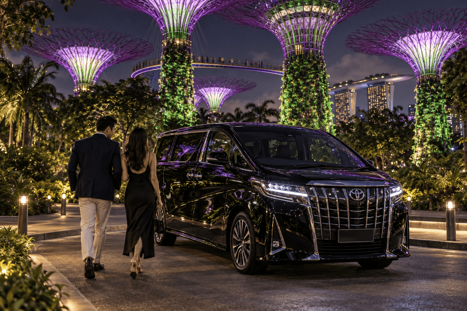 Couple walking to a black Toyota Alphard beneath the lit Supertrees at Gardens by the Bay at night