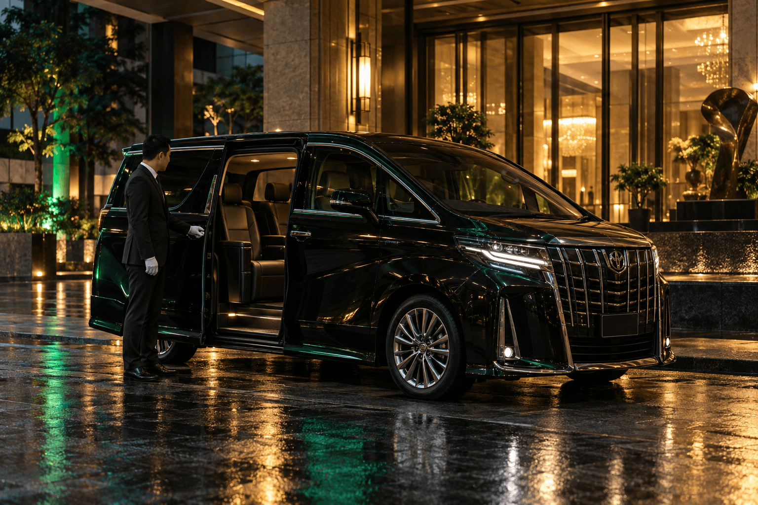 Chauffeur in white gloves holding the sliding door of a black Toyota Alphard outside a Singapore hotel at night